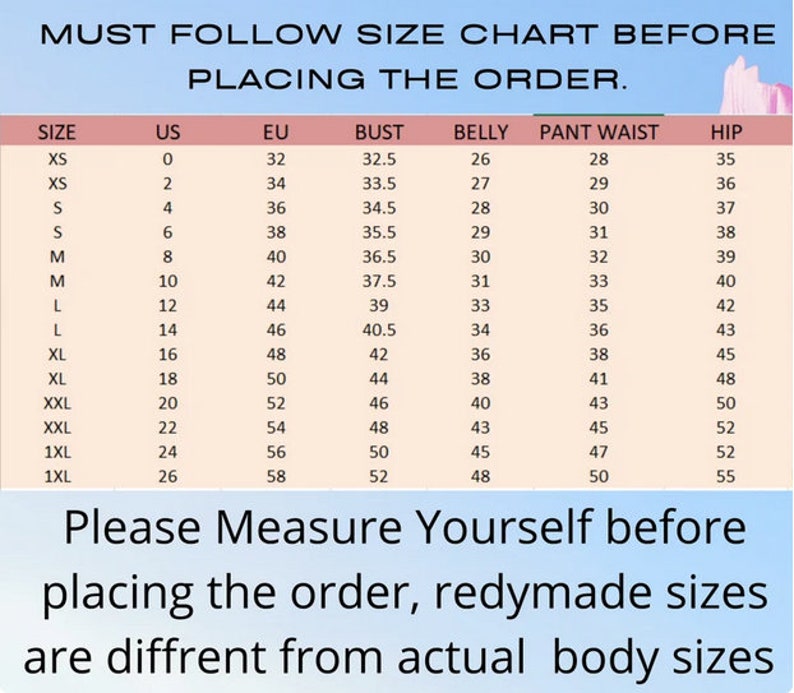 May include: Size chart for clothing with measurements in inches for bust, belly, pant waist, and hip. The chart includes sizes XS to 1XL with corresponding US and EU sizes.