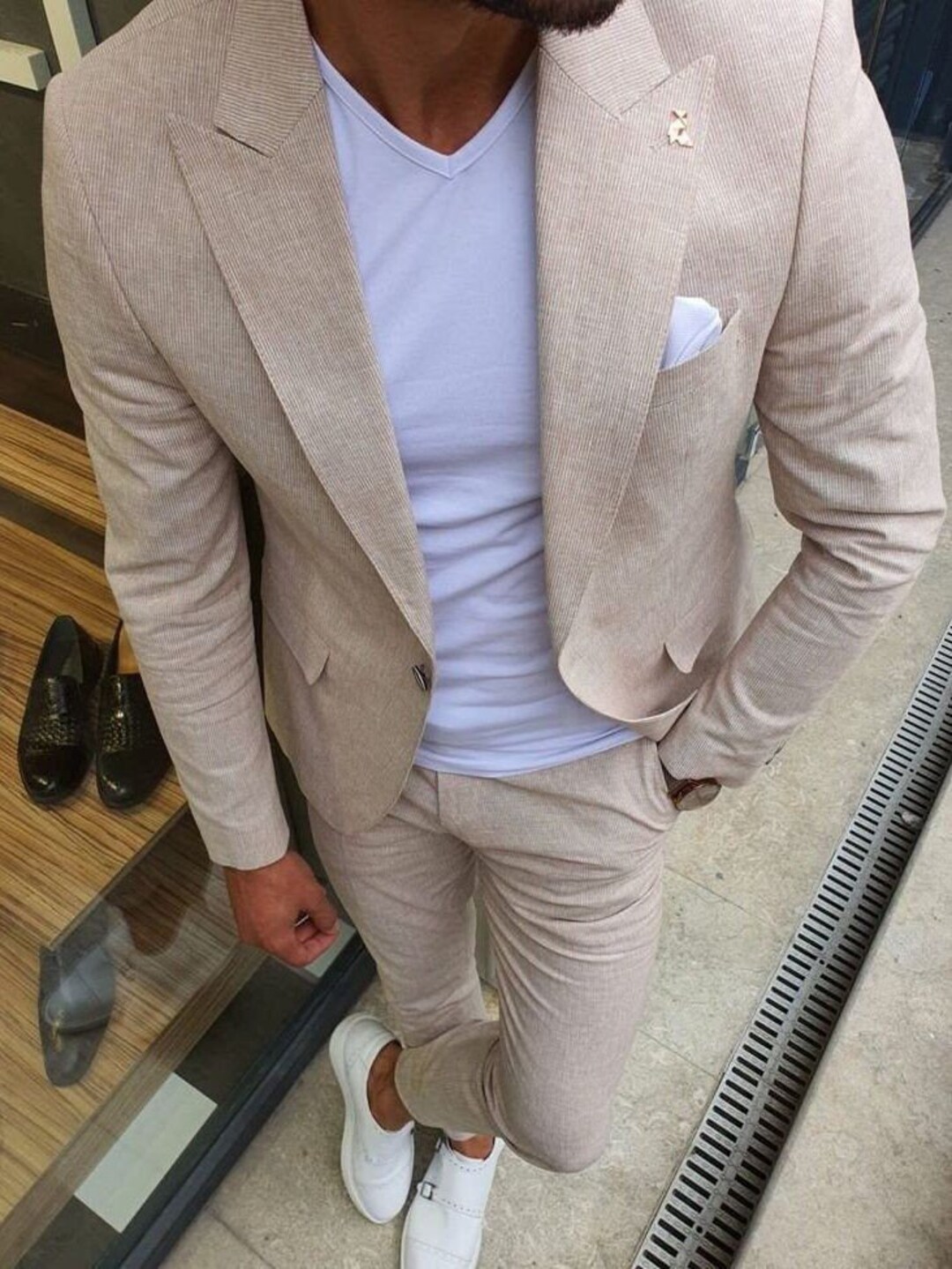 Men Beige Linen 2 Piece Suit For Groomsmen Classic Fit Linen Suits