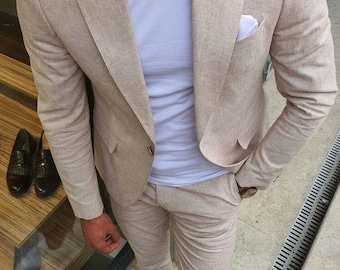 Beige Linen Suit: Slim Fit Elegant 2-Piece Wedding Groom Wear