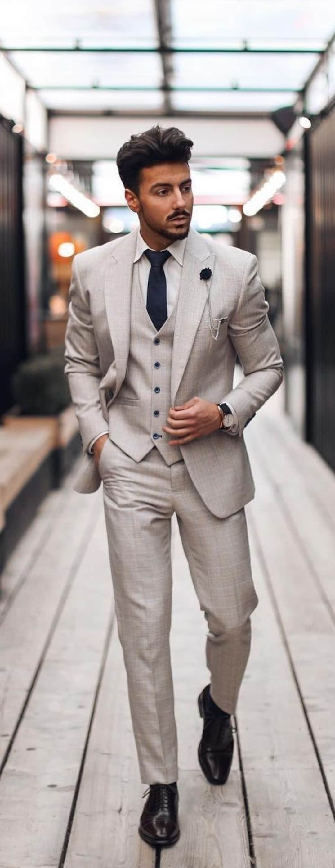 Men Suits Wedding Beige Linen 3 Piece Suits for men