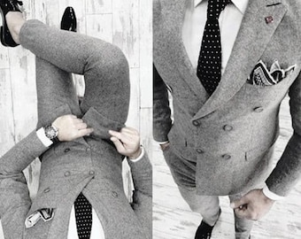 Men's Grey Tweed Suit: Slim Fit Wool 2-Piece Wedding Suit