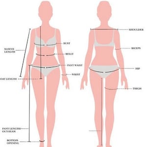 Może przedstawiać: Diagram przedstawiający wymiary ciała do ubrań, w tym biust, brzuch, talię spodni, nadgarstek, ramię, biceps, biodra i udo.