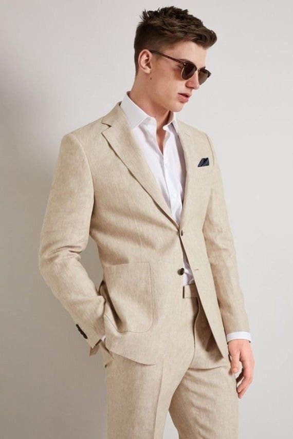 Beige Linen Beach Wedding Suit Mens Slim Linen Suit Men's Beige