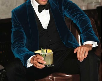 Men’s Blue Velvet Blazer – Handmade Dinner Jacket, Luxury Party Wear & Reception Outfit