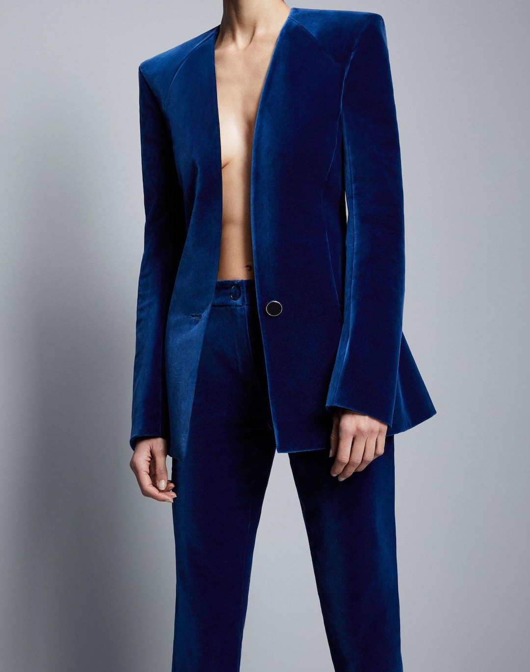 Traje de terciopelo azul para mujer/Traje de pantalón para niña