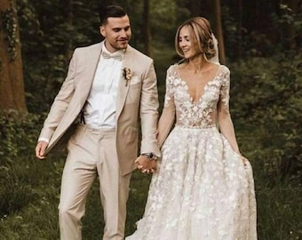 Traje de lino beige: traje de novio de boda elegante y entallado