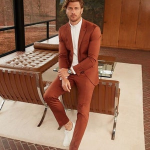 Men rust orange Suit, rustic beach wedding suit,rustic groomsmen suit, Gift For men, Slim Fit Suit, brunt orange suit for men cocktail