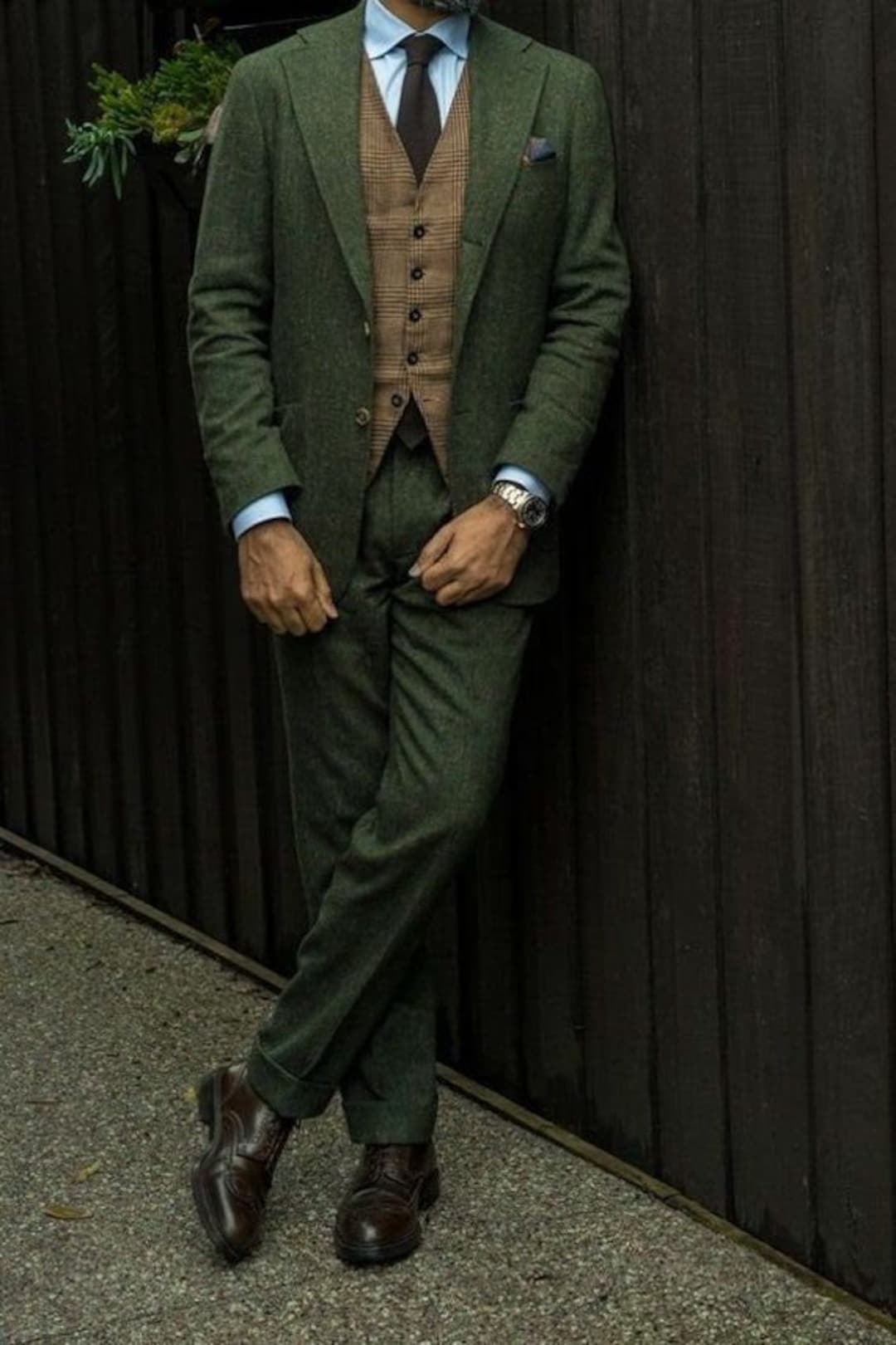 Men Green Tweed Suit for Winter Wedding Green Groomsmen Suit