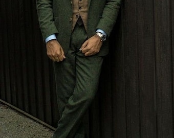 メンズスーツ　3ピースグリーンウールツイード サイズＬ　カラー　グリーン メンズスーツ 3ピースグリーンウールツイード サイズL カラー