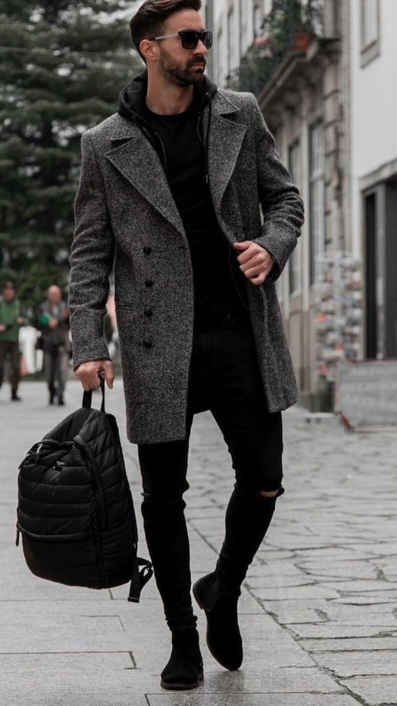 Chaqueta gris para hombres gabardina abrigo largo moda casual - Etsy México