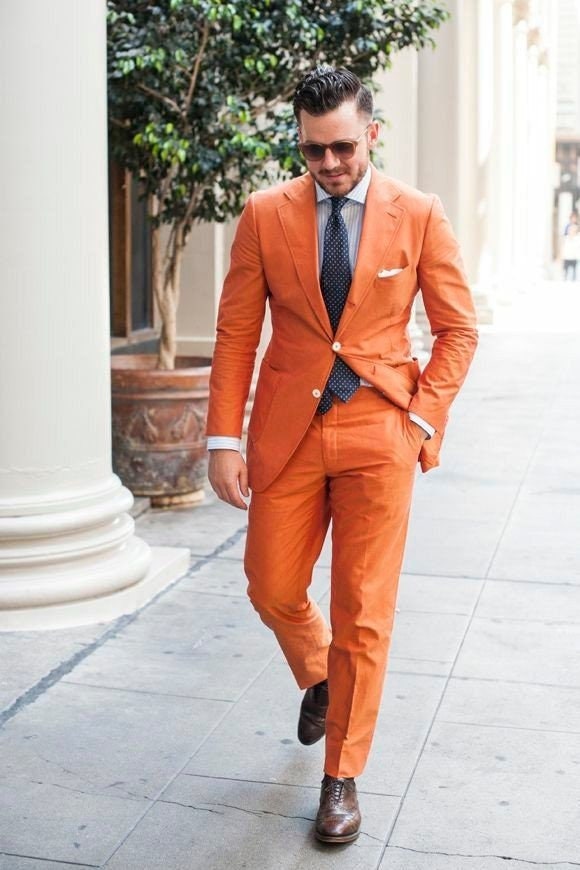 Costume 2 Pièces Homme – Coupe Ajustée – Veste Et Pantalon – Orange – Taille M – Idéal Pour Mariage, Travail Ou Soirée