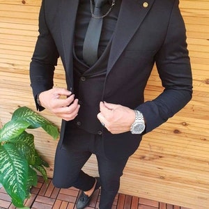 Men&#39;s Black 3-Piece Suit: Slim Fit Elegant Wedding Tuxedo