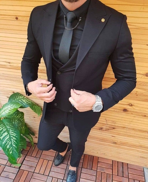 Trajes negros cl sicos para hombres 3 piezas Trajes Eligant slim