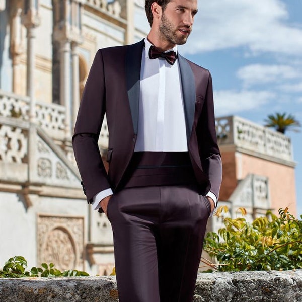 Men's Wine Tuxedos With Belt, 2 Piece Suit Tuxedo Formal Fashion Style Suits Wedding Party Suits Elegant Suits Formal Fashion Suit.