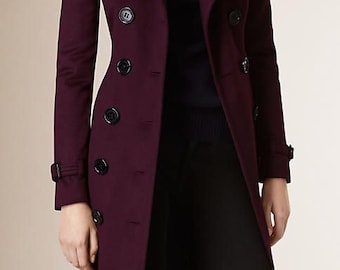 Women Maroon Trench Coat Double Breasted Pocket Pea Coat Women