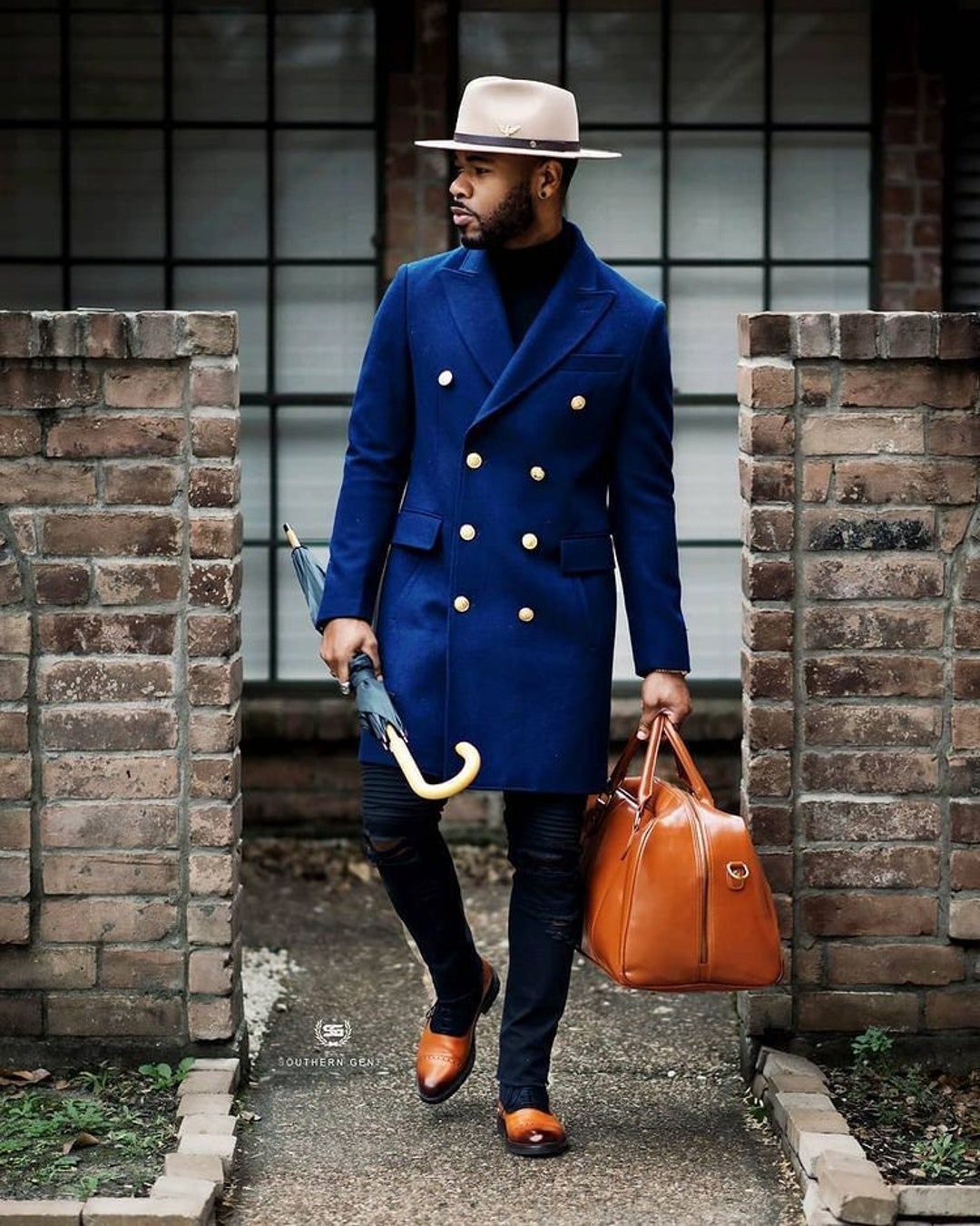 Mens Royal Blue Jacket Trench Long Coat Casual Fashion Double Breast ...
