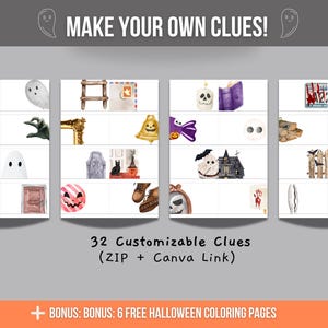 May include: A set of 32 printable Halloween-themed images for creating your own clues. The images include a variety of Halloween icons, such as a broom, a ghost, a ladder, a mailbox, a bell, a candy, a skull, a book, a tombstone, a cat, a jack-o-lantern, a pair of boots, a skull, a bloody handprint, a fence, a rake, a pile of wood, and a bicycle. The images are in a watercolour style and are perfect for creating a fun and festive Halloween game.