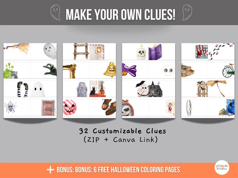 May include: A set of 32 printable Halloween-themed images for creating your own clues. The images include a variety of Halloween icons, such as a broom, a ghost, a ladder, a mailbox, a bell, a candy, a skull, a book, a tombstone, a cat, a jack-o-lantern, a pair of boots, a skull, a bloody handprint, a fence, a rake, a pile of wood, and a bicycle. The images are in a watercolour style and are perfect for creating a fun and festive Halloween game.