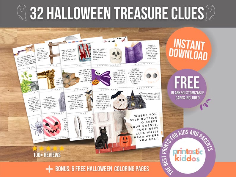 May include: A set of 32 printable Halloween treasure hunt clue cards with watercolour illustrations. The cards feature a variety of Halloween themes, including witches, ghosts, pumpkins, and sweets. The cards are designed to be used for a fun and engaging Halloween treasure hunt.