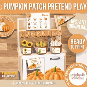 Può includere: Set di gioco di finzione di zucca da stampare per bambini. Include un menu, cartelli e striscioni con illustrazioni a tema autunnale. Il set è pronto per la stampa ed è perfetto per il gioco di finzione.