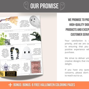 May include: A printable Halloween scavenger hunt game with a 100% satisfaction guarantee. The game features a grid of nine squares, each with a different room in a house and a spooky clue. The game also includes six free Halloween colouring pages.