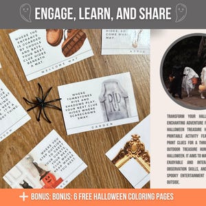 May include: A printable Halloween treasure hunt game with clues for kids. The game features a variety of spooky illustrations and includes a bonus of six free colouring pages. Transform your Halloween into an enchanting adventure for kids with this printable activity.