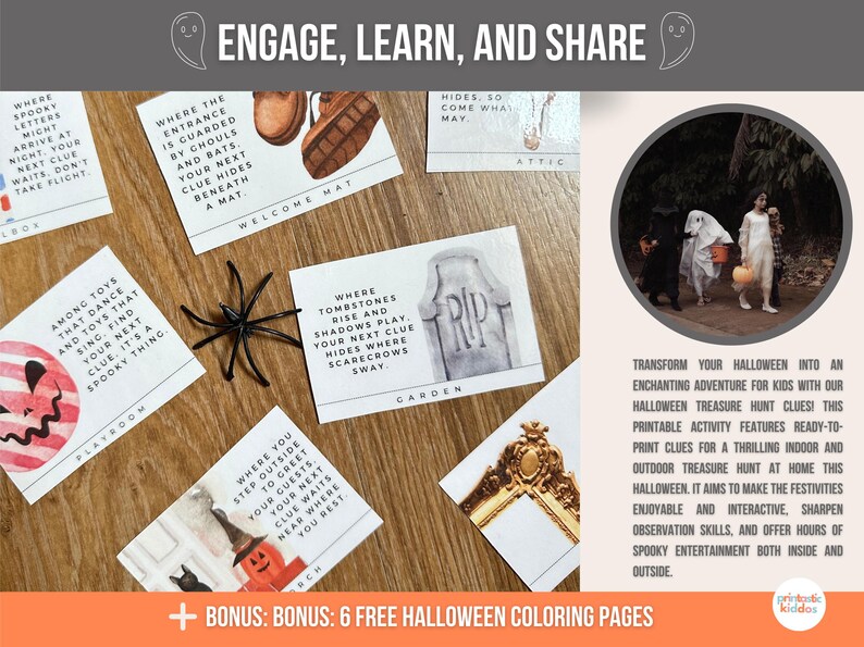 May include: A printable Halloween treasure hunt game with clues for kids. The game features a variety of spooky illustrations and includes a bonus of six free colouring pages. Transform your Halloween into an enchanting adventure for kids with this printable activity.