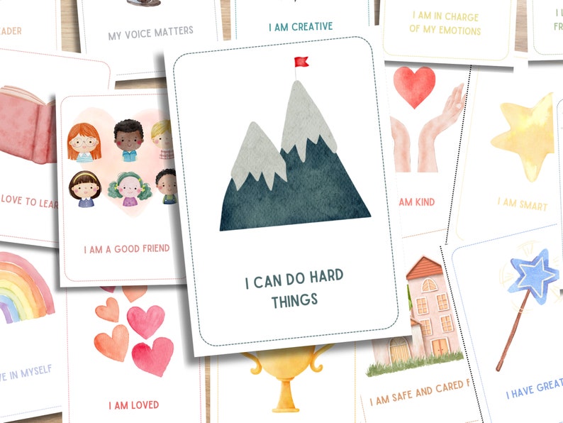 May include: A set of affirmation cards with watercolor illustrations. The cards feature positive messages such as "I am creative", "I am a good friend", and "I can do hard things".