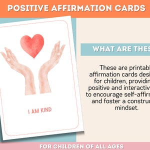 May include: Printable affirmation cards for children featuring a watercolor illustration of two hands holding a red heart. The card reads "I am kind".