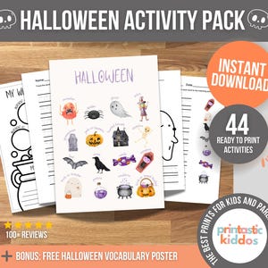 Libro de actividades preescolares de Halloween, libro imprimible de actividades de Halloween, juegos divertidos y educativos de Halloween, manualidades, tarjetas didácticas y página para colorear