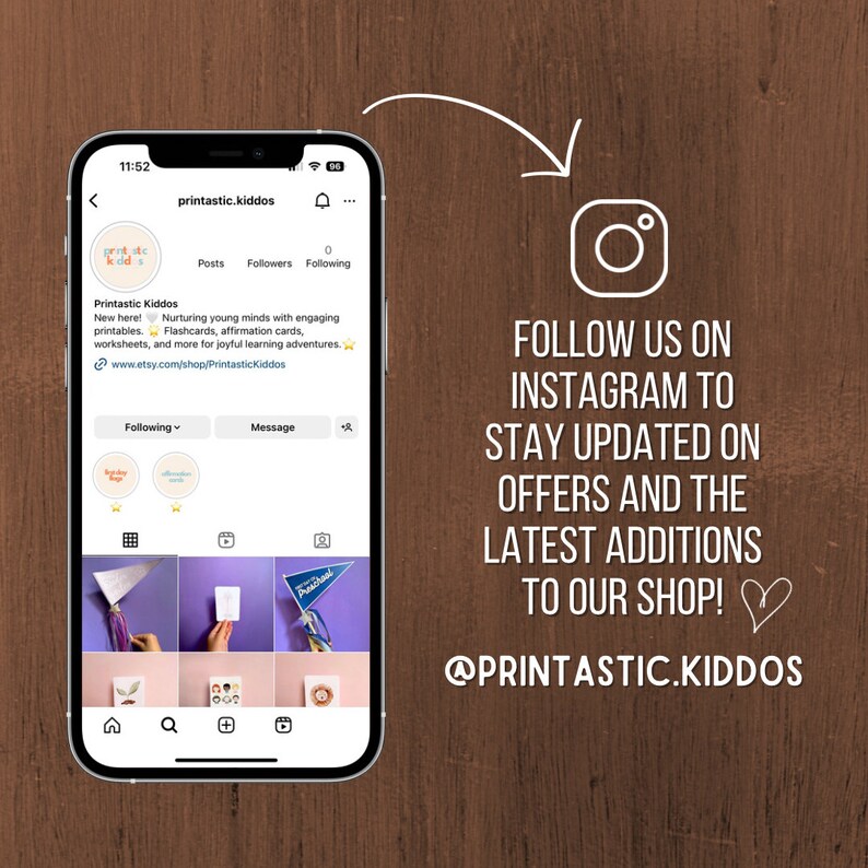 K&ouml;nnte beinhalten: Ein Screenshot eines Instagram-Profils f&uuml;r Printastic Kiddos, ein Shop, der druckbare Bildungsressourcen f&uuml;r Kinder verkauft. Das Profilbild ist ein farbenfrohes Logo mit dem Text "Printastic Kiddos". Die Biografie lautet "Nurturing young minds with engaging printables. Flashcards, affirmation cards, worksheets, and more for joyful learning adventures." Der Text "FOLLOW US ON INSTAGRAM TO STAY UPDATED ON OFFERS AND THE LATEST ADDITIONS TO OUR SHOP! @PRINTASTIC.KIDDOS" wird in gro&szlig;er Schrift mit einem Herz-Emoji angezeigt.
