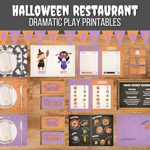 Peut inclure: Ensemble de jeu de restaurant d'Halloween imprimable avec des décorations orange et violettes. Comprend un menu, des formulaires de commande et des sets de table avec des motifs de fantômes et de chauves-souris. Le texte indique "Spooky Delights Restaurant".