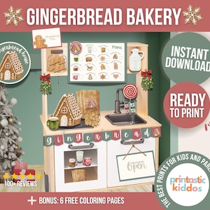 Puede incluir: Conjunto de juego de panadería de jengibre imprimible para niños. El conjunto incluye una casa de jengibre, una cocina de juego y una variedad de otras decoraciones con temática de jengibre. El conjunto es perfecto para juegos de simulación y seguramente será un éxito entre los niños de todas las edades.