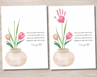 Actividad de cumpleaños artesanal con huellas de manos del Día de la Madre, tarjetas de tulipanes, recuerdo imprimible para niños pequeños y bebés DIY