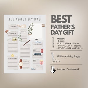 Op de afbeelding: Printbare "Alles over mijn vader"-activiteitenpagina met een aquarel-illustratie van een vader en een zoon. De pagina bevat prompts voor kinderen om in te vullen over hun vader, zoals "Het favoriete eten van mijn vader is..." en "Mijn vader zegt altijd..." De pagina is verkrijgbaar in drie formaten: 21,6 x 27,9 cm, 27,94 x 43,18 cm en 45,72 x 60,96 cm.