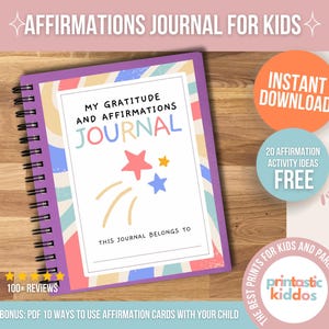 May include: A purple and pink journal with a colorful abstract design. The cover says "My Gratitude and Affirmations Journal". The journal is for kids and includes 20 affirmation activity ideas.