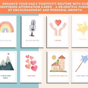 May include: Set of eight watercolor affirmation cards with positive messages and illustrations. The cards feature a rainbow, microphone, hands, star, mountains, hearts, house, and a magic wand.