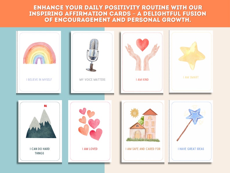 May include: Set of eight watercolor affirmation cards with positive messages and illustrations. The cards feature a rainbow, microphone, hands, star, mountains, hearts, house, and a magic wand.