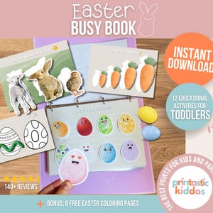Puede incluir: Un libro de actividades de Pascua para niños pequeños, con actividades de emparejamiento. El libro presenta ilustraciones de huevos de Pascua, zanahorias y animales. La portada dice "Easter Busy Book", "Descarga instantánea" y "12 actividades educativas para niños pequeños".