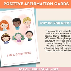 May include: A set of colorful affirmation cards for children featuring illustrations of diverse children with the phrase "I am a good friend" on the card. The cards are designed to help children develop a positive mindset and self-esteem.
