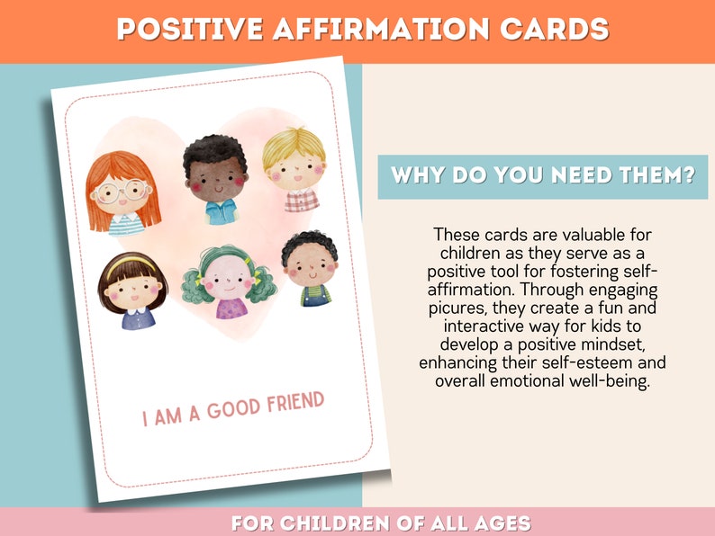 May include: A set of colorful affirmation cards for children featuring illustrations of diverse children with the phrase "I am a good friend" on the card. The cards are designed to help children develop a positive mindset and self-esteem.