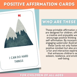May include: Printable affirmation cards for children featuring a watercolor illustration of two mountains with a red flag on the peak. The text "I can do hard things" is printed on the card.