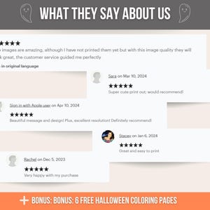 May include: A screenshot of a website displaying customer reviews for printable Halloween colouring pages. The reviews are all positive and include comments such as "Super cute print out; would recommend!" and "Beautiful message and design! Plus, excellent resolution! Definitely recommend!"