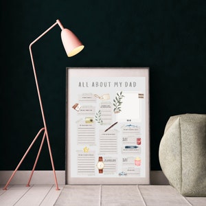Op de afbeelding: Een printable poster met de titel "Alles over mijn papa" en een lijst met prompts voor kinderen om in te vullen over hun vader. De poster bevat illustraties van een camera, een horloge, een hengel, een ster, een boek, een kop koffie, een popcorn emmer, een auto en een vis.