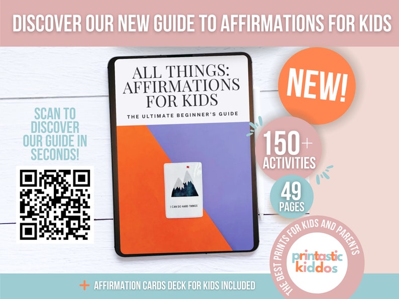 May include: A digital guide to affirmations for kids with a purple and orange cover. The guide includes 150+ activities and 49 pages. It also includes a deck of affirmation cards for kids. The cover features the text "All Things: Affirmations for Kids" and "The Ultimate Beginner's Guide".
