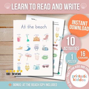 At The Beach Vocabulary Bundle: Flashcards, Poster, Worksheets (PDF)