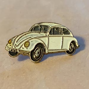 Classic enameled vintage white VW beetle car lapel pin