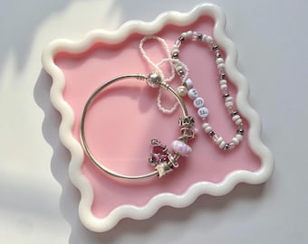 Baby Pink and White Wiggle Squiggle Wavy Square Resin Trinket Catchall Tray Dish