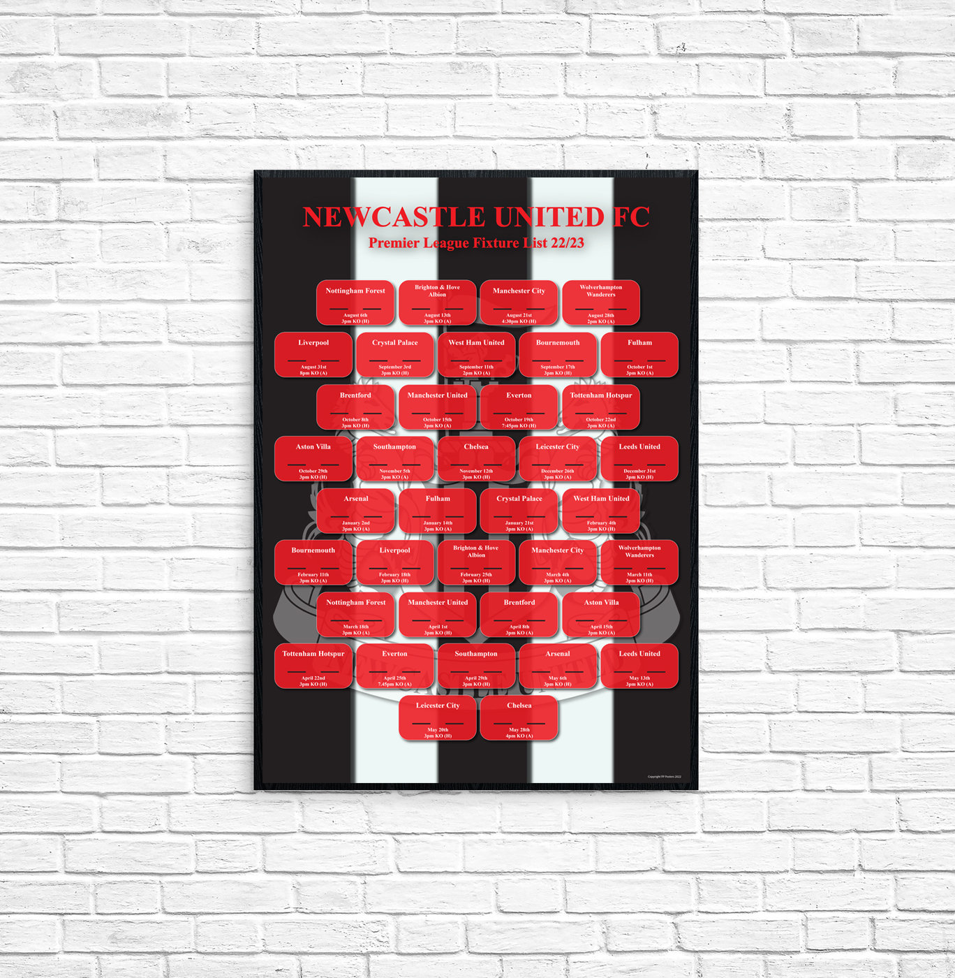 Newcastle Fixture List Wallchart 2022/2023 Premier League Poster