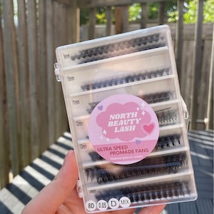 Könnte beinhalten: Ein transparentes Plastikgehäuse mit Reihen von schwarzen Wimpernextensions. Das Gehäuse ist mit verschiedenen Längen von 9 mm bis 13 mm beschriftet. Das Etikett auf der Vorderseite des Gehäuses lautet "North Beauty Lash Ultra Speed Promade Fans Premium Quality Lashes 8D 0.05 D Mix".